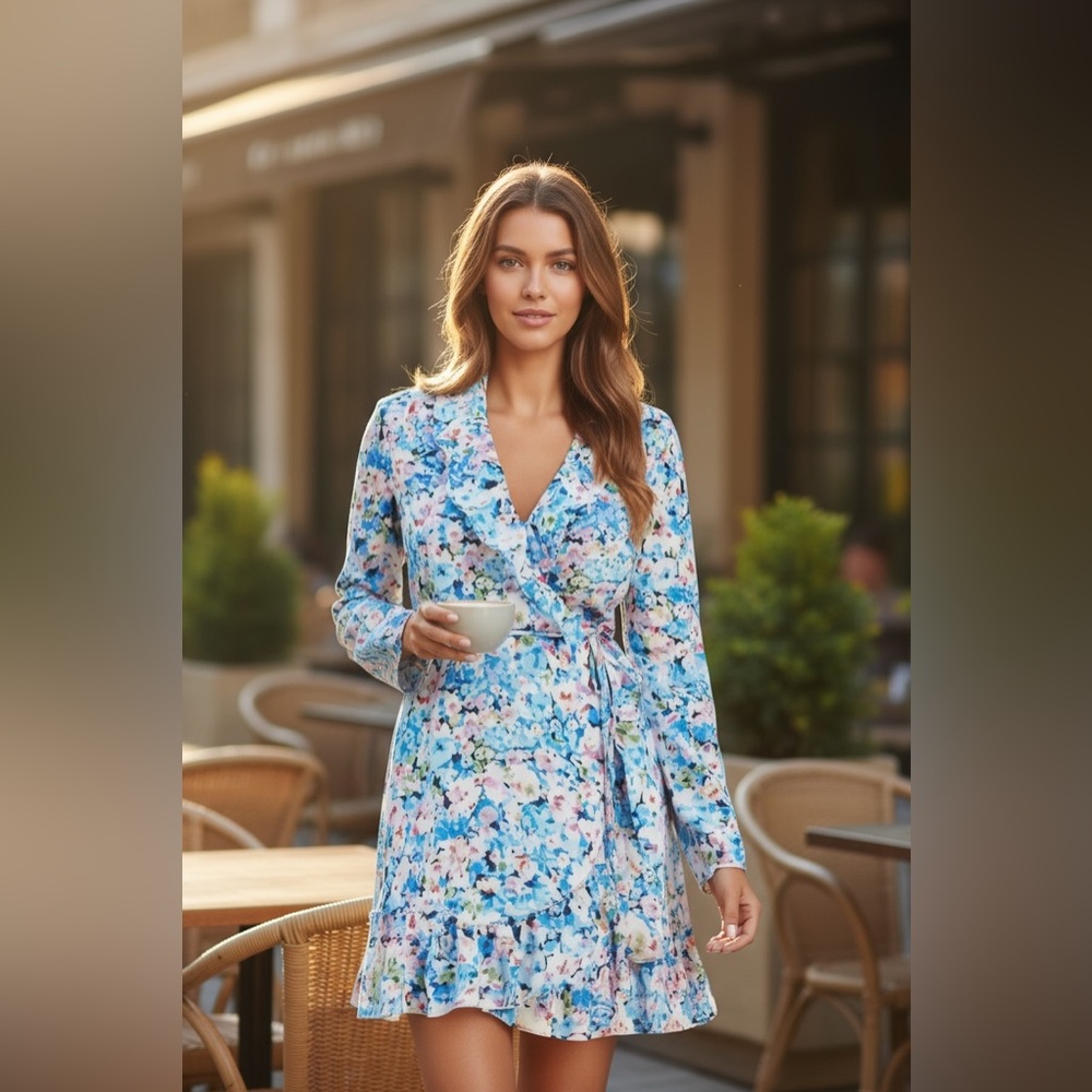 NWOT Bar III Women's Blue Floral-Print Ruffled Tie-Waist Wrap Dress